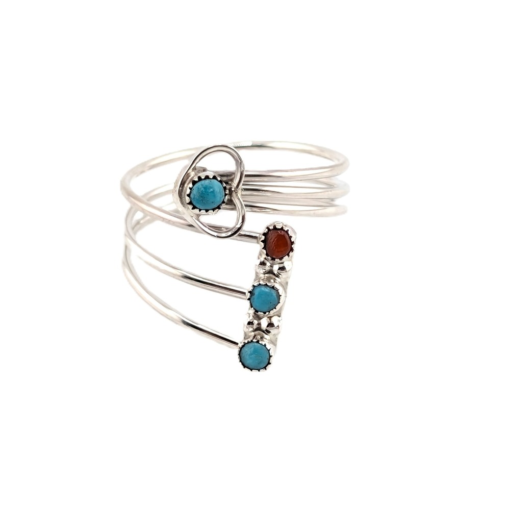 Navajo Turquoise Coral Multi Band Bypass Ring Sterling Sz 6.75US